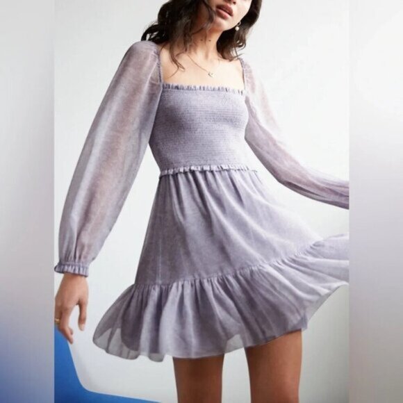 Wilfred Aritzia Tempest Mini Dress Smocked bodice Chiffon Puff Sleeve Purple - Picture 5 of 16